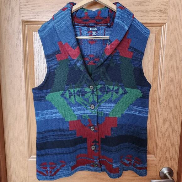 Chaps Navajo Southwestern Sweater Vest Women's Size XL Shawl Neck Button Blue - Picture 1 of 16